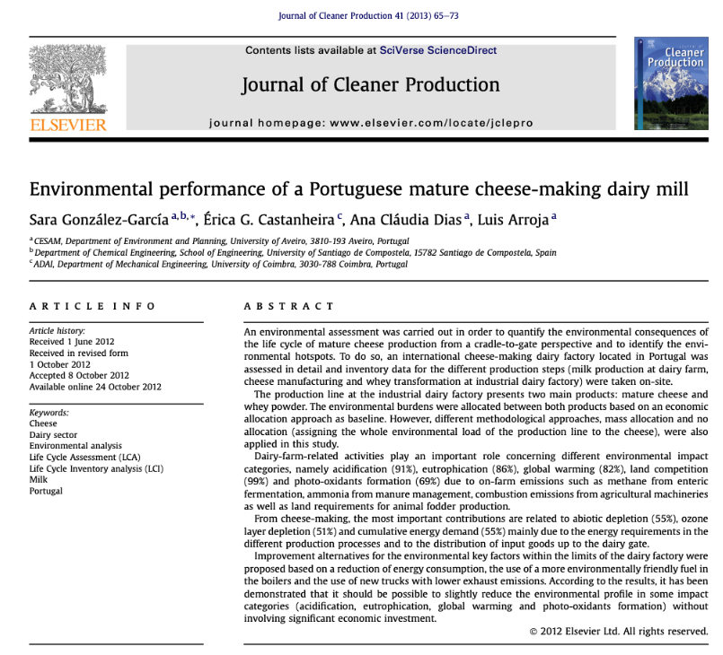 Environmental performance of a Portuguese mature cheese-making dairy mill